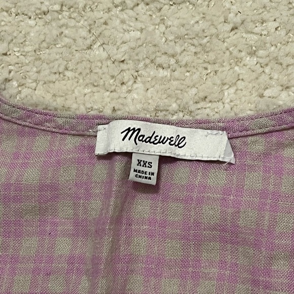 NWOT Madewell linen-blend puff-sleeve button-wrap top in plaid - Picture 3 of 4